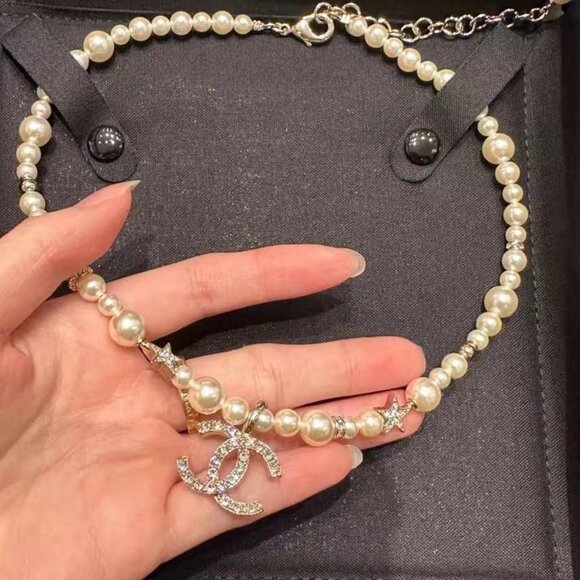CHANEL Authentic Necklace Choker Coco Mark Star Rhinestone Pearl 24C - Picture 1 of 7